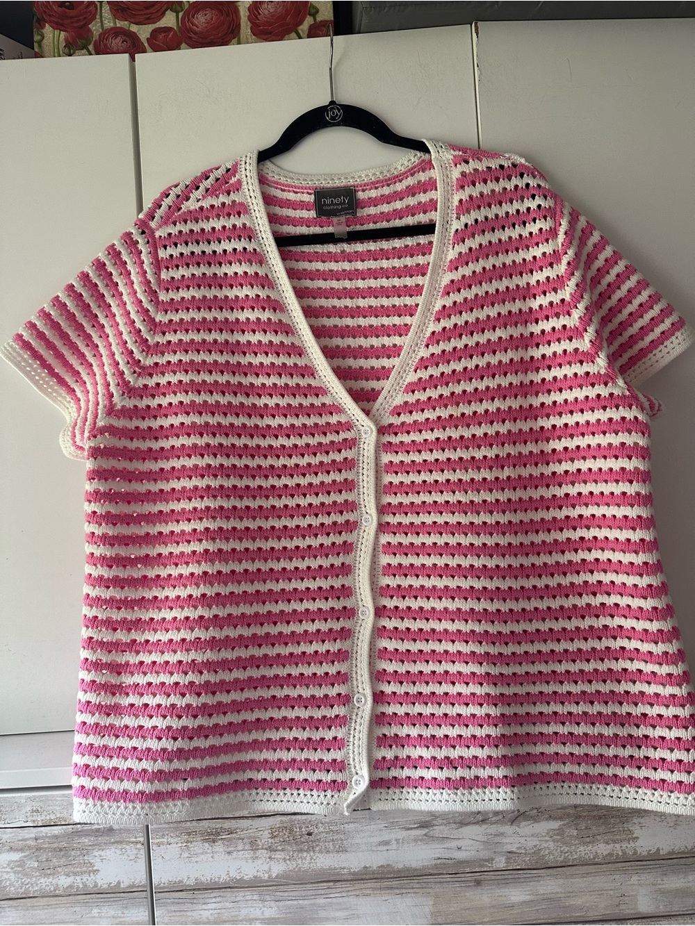 💗 Ninety Clothing Co Pink & White Crochet Knit Cardigan 2X